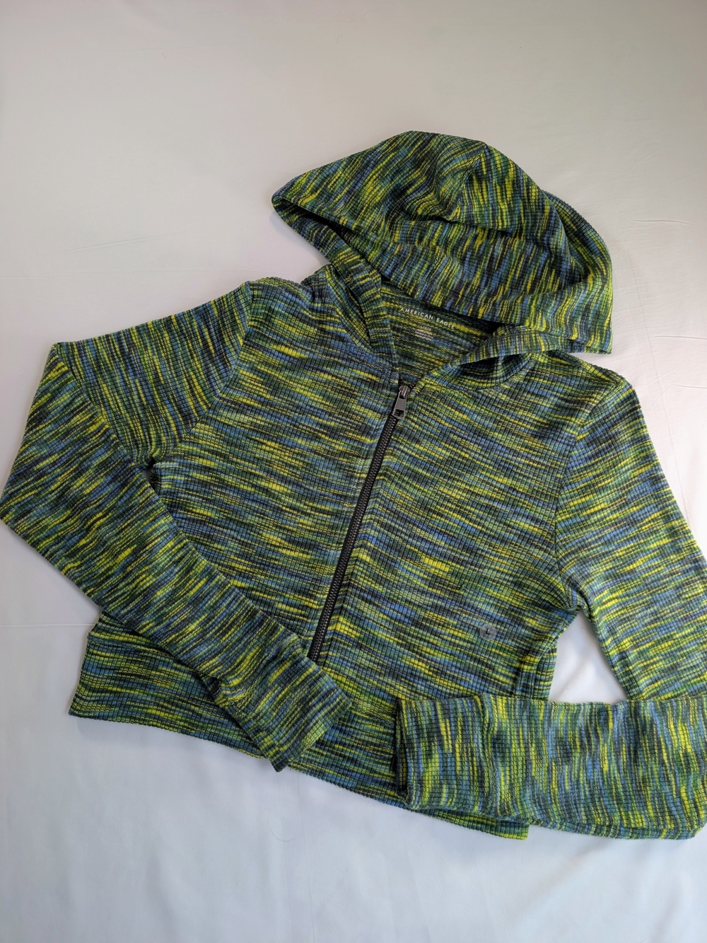 NWOT American Eagle Green Space-Dye Hooded Cropped Zip-Up Top